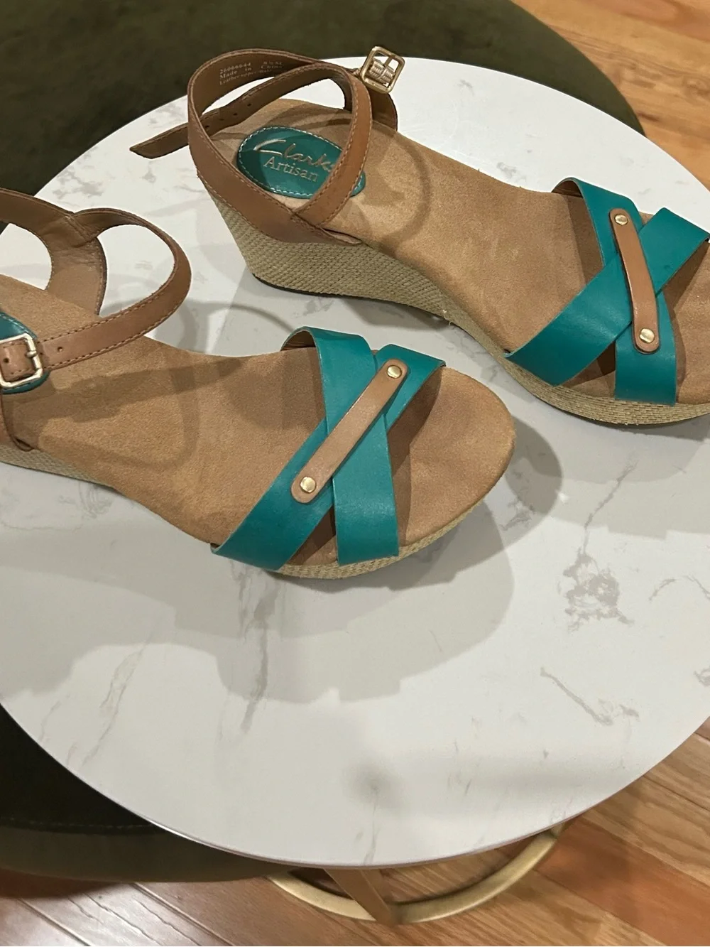 Clarks Teal and Tan Cross-Strap Wedge Sandals